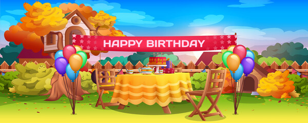 Obraz na płótnie Canvas Birthday outside party decoration on backyard. Festive table with cake, candles, balloons bunches. Children celebration on lawn front of wooden fence. Vector cartoon illustration of autumn garden.