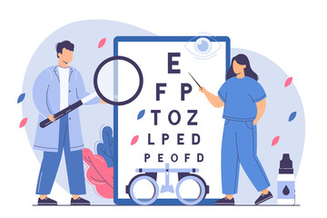 Flat ophthalmologist check eyesight with eye test chart and eyeglasses. Woman oculist with pointer measure visual acuity. Doctor diagnose ophthalmic problem in hospital. Ophthalmic exam concept.