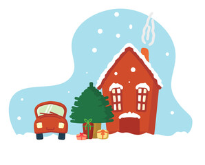 Beautiful snowflakes. A story card for Christmas and New Year. A car with a house, a Christmas tree, New Year gifts. Festive and joyful atmosphere, emotions. Vector illustration in a flat style.