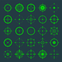 Crosshair, gun sight vector icons. Bullseye, green target or aim symbol. Military rifle scope, shooting mark sign. Targeting, aiming for a shot. Archery, hunting and sports shooting. Game UI element.