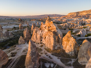 Travel in Cappadocia, aerial view of Cappadocia valley with amazing mountain and caves. Turkey