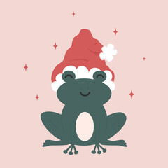 Cute cartoon lovely character frog with santa claus hat funny christmas vector illustration for greeting card