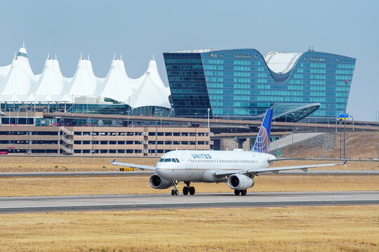 DENVER, USA-OCTOBER 17: Airplane operated by United taxis on October 17, 2020 at Denver International Airport, Colorado. United is the third largest airline in the world.