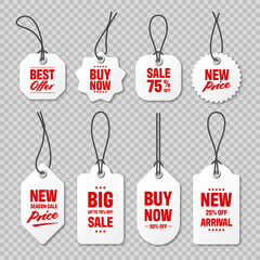 Realistic price tags collection. Special offer or shopping discount label. Retail paper sticker. Promotional sale badge with text. Vector illustration.