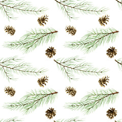 Watercolor Seamless Pattern with Pine Branches and Pinecones. Hand painted Background with conifer for textile or wrapping paper