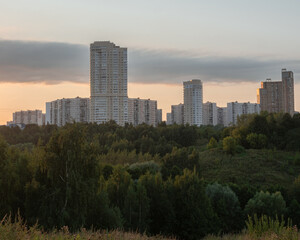 Obraz premium Apartment houses in Krylatskoe at sunset view