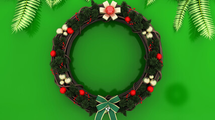 Happy Holiday! A beautiful green wall decorated for Christmas. 3d rendering. 