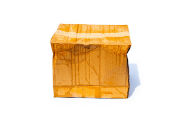 Damaged cardboard box with hole, Broken and wet product packaging