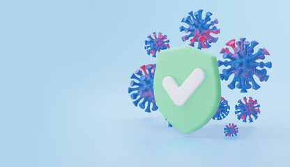 The concept of protection against coronavirus. Virus molecules with a shield. Background with empty space. 3d render.