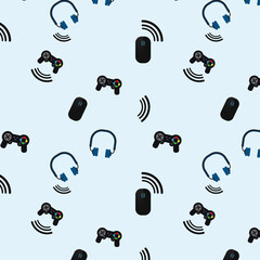 Gaming seamless pattern on blue background with objects such as a controller or joystick, a mouse and a headset or headphones. Internet connection, sound, audio. Textile, wrap, wallpaper, background. 