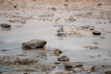 Landscape of steamy rocks in hot spring at Geysir Golden Circle Iceland