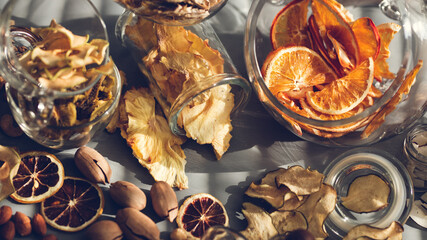 Sun-dried orange. Dried citrus fruits. Still life. Healthy eating and lifestyle