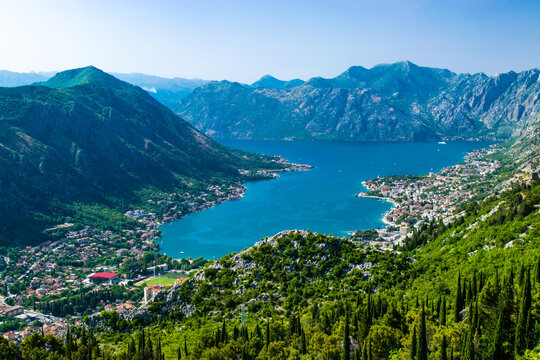Beautiful top view to Boka Kotorska Bay and and the surrounding mountains. Adriatic Sea. Dalmatia. Balkan. Montenegro.