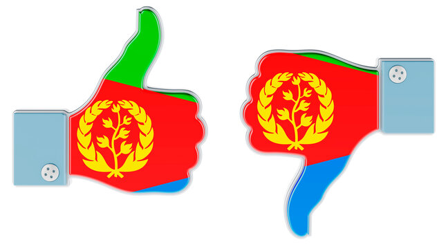 Eritrean flag painted on the hand with thumb up and thumb down. Like and dislike in Eritrea, concept. 3D rendering
