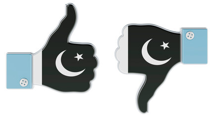 Pakistani flag painted on the hand with thumb up and thumb down. Like and dislike in Pakistan, concept. 3D rendering