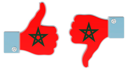 Moroccan flag painted on the hand with thumb up and thumb down. Like and dislike in Morocco, concept. 3D rendering