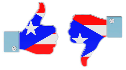 Puerto Rican flag painted on the hand with thumb up and thumb down. Like and dislike in Puerto Rico, concept. 3D rendering
