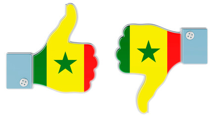 Senegalese flag painted on the hand with thumb up and thumb down. Like and dislike in Senegal, concept. 3D rendering