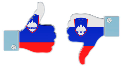 Slovenian flag painted on the hand with thumb up and thumb down. Like and dislike in Slovenia, concept. 3D rendering