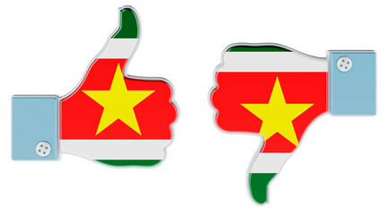 Surinamese flag painted on the hand with thumb up and thumb down. Like and dislike in Suriname, concept. 3D rendering