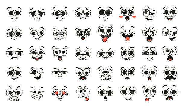 Cartoon faces. With different facial expressions, happy and smiling, with eyes and mouth. Set of comic character emotions, on a white background