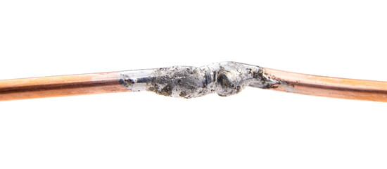 Two copper wires are soldered together isolated on a white background.Soldering wires with tin