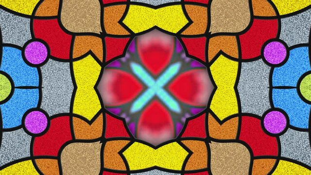 Stained glass window. Color glass. Kaleidoscopic dynamic background. Transparency. Multicolor seamless looping animation footage. Psychedelic motion design. Dj loop. Vj loops. 4K	

