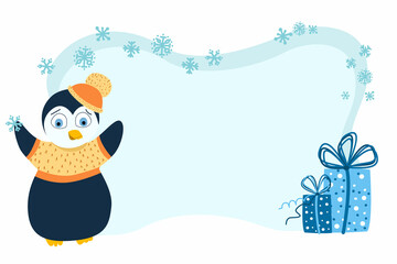 The basis for the children's New Year banner with a penguin and boxes with gifts. Christmas frame for text with penguin. Design text box frames.