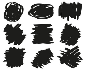 Hand drawn grunge smears. Set of different tangled backdrops. Different shapes for work. Black and white illustration