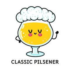 Funny cute happy glass of beer classic pilsener. Vector hand drawn doodle style cartoon character illustration icon design. Cute glass of beer classic pilsener mascot 