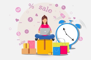 Young woman is shopping with big discounts. Shopping before the offer is over. Black Friday, big sale concept. Bargain hunter.