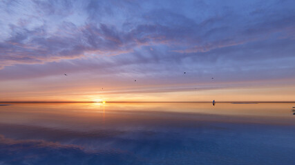 7680x4320. Panorama of sea sunrise, ocean sunrise, seascape. Romantic colorful sunset at the sea. The sun touches horizon. 3d rendering