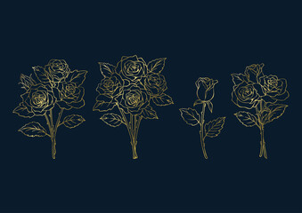 薔薇の花束のイラスト素材　セット　ゴールドとネイビーの背景