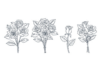 薔薇の花束のイラスト素材　セット　線画