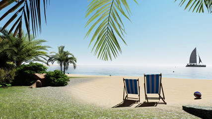 Chairs And Umbrella In Palm Beach And Sunny Sky. Tropical Holiday Banner. 3D Rendering.
