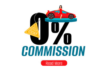 0% commission web banner, promo poster, sale flyer, placard. Special limited offer zero commission car shop landing page. Vector illustration.