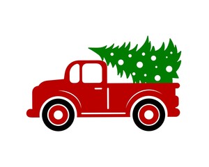 Vintage red truck with Christmas tree isolated on white background. Vector flat illustration. Design for greeting card, banner, flyer