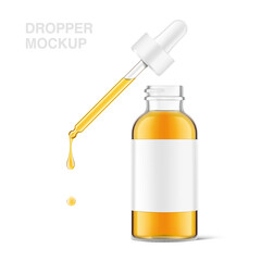 Pipette mockup with dropper bottle isolated on white background. Vector illustration. Front view. Сan be used for cosmetic, medical and other needs. EPS10.	