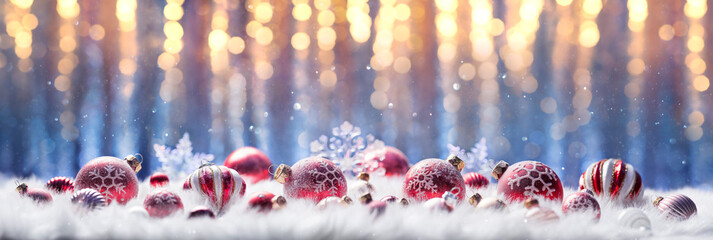 Christmas Balls On White With Blue And Golden Lights - Abstract Defocused Card
