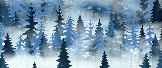 Art background with winter forest. Watercolor botanical banner for textile, web, print decoration