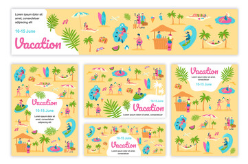 Summer vacation poster and banner templates set. Men and women relaxing at seaside resort, swimming, sunbathing, surfing, resting. Cover brochure with tiny people in flat design. Vector illustration.