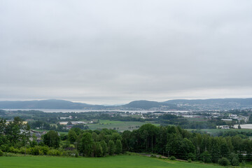 Beautiful landscape of the Drammen city with river and the mountains in Norway.