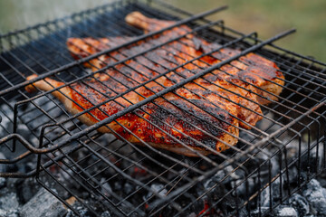 charcoal cooking grilled chicken brazier nature fresh air