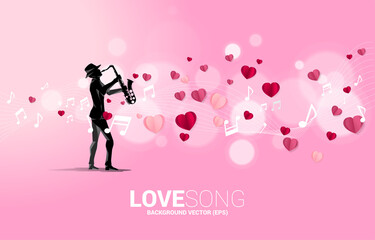 Vector silhouette of saxophonist standing with heart paper art flying. Concept background for love song and concert theme.