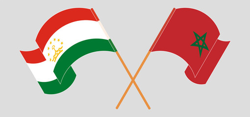 Crossed flags of Tajikistan and Morocco. Official colors. Correct proportion