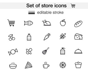 Set of store icons. Vector sign on white background round. Editable stroke. Scalable any size. Can be use for your design, presentation, mobile, ad. EPS 10. 