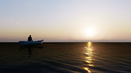 Naklejka na ściany i meble Sunset over the sea and beach. Waves washing the sand, 3d rendering.