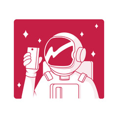 Spaceman with a phone vector illustration. Future, technology, mascot design concept.