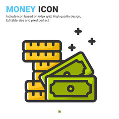 Money icon vector with outline color style isolated on white background. Vector illustration cash, currency sign symbol icon concept for business, finance, industry, company, apps, web and all project