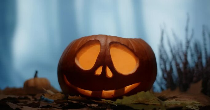 Halloween pumpkin face with candles in it stands in dark windy forest at night, 4k 60p Prores HQ 10 bit